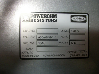 HUBBELL POWEROHM BRAKING RESISTOR UNIT ABB-48431-110 120OHM 600WATT NOB