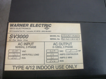 WARNER SV3000 5HP AC FLUX VECTOR DRIVE SV3205-01000 230VOLT 19AMP 5.6KVA