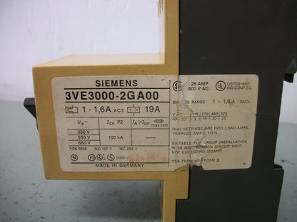 SIEMENS MOTOR CIRCUIT BREAKER 3VE3000-2GA00 1-1.6AMP