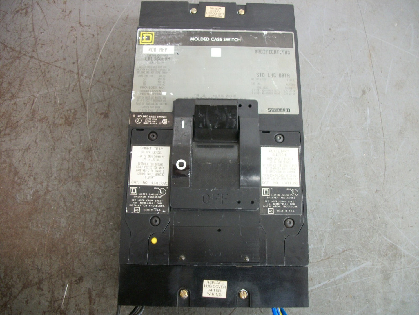 SQUARE D LAL CIRCUIT BREAKER LAL36000M 400AMP 600VOLT 3POLE W/SHUNT & AUX