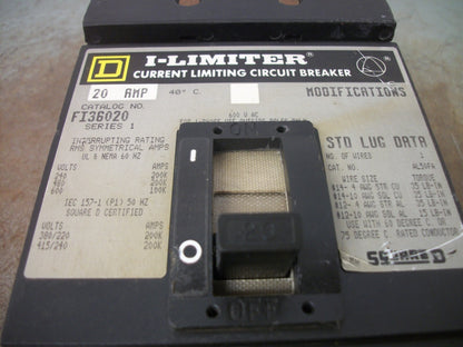 SQUARE D I-LIMITER I-LINE FI CIRCUIT BREAKER FI36020 20AMP 600VOLT 3POLE GRAY