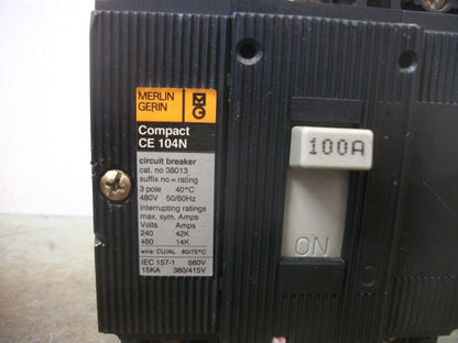 MERLIN GERIN COMPACT CE 104N CIRCUIT BREAKER 38013 100AMP 480VOLT 3POLE