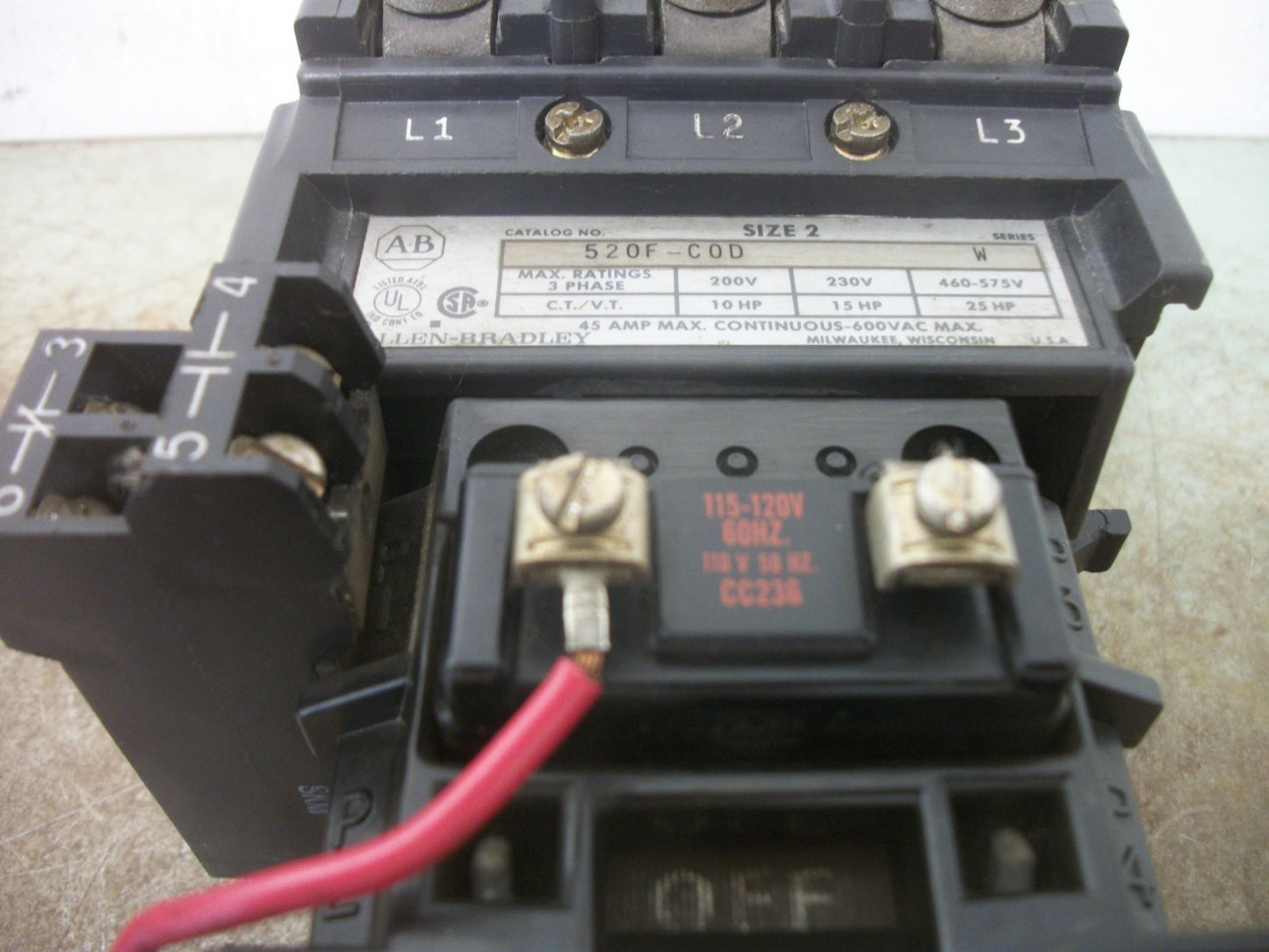 ALLEN-BRADLEY SIZE 2 MOTOR STARTER 520F-COD 45AMP 120VCOIL 3PH 600V 25HP