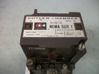 CUTLER-HAMMER SIZE 1 CONTACTOR C10CN3 27AMP 120VCOIL 3PH 600V 10HP