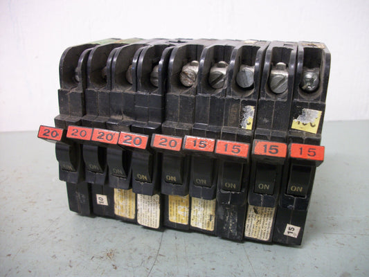 FEDERAL PACIFIC LOT OF 9 NC CIRCUIT BREAKERS NC115 NC120 15-20AMP 240VOLT 1POLE