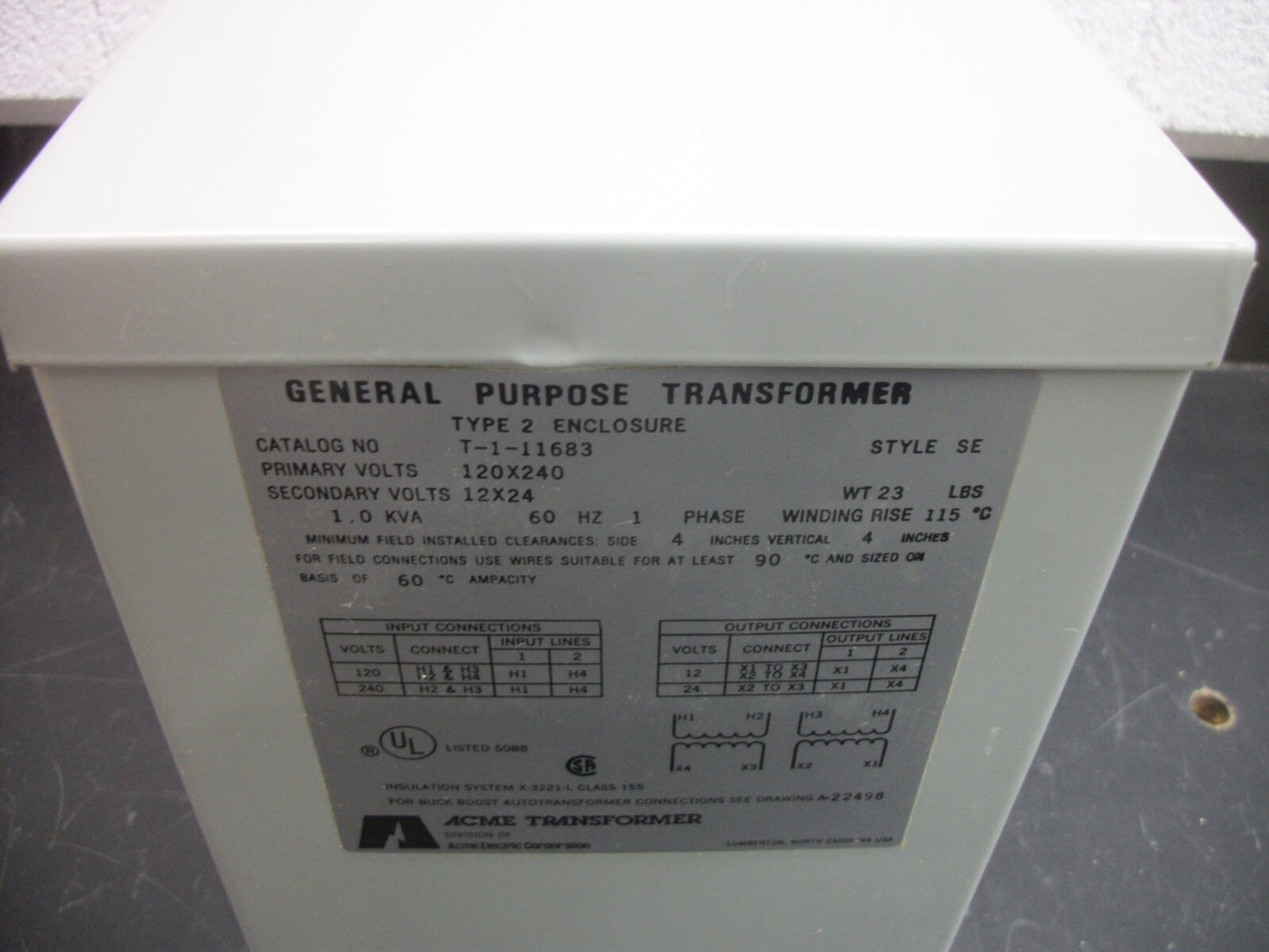 ACME 1KVA 1PH TRANSFORMER T-1-11683 HV 120X240 LV 12X24 NIB