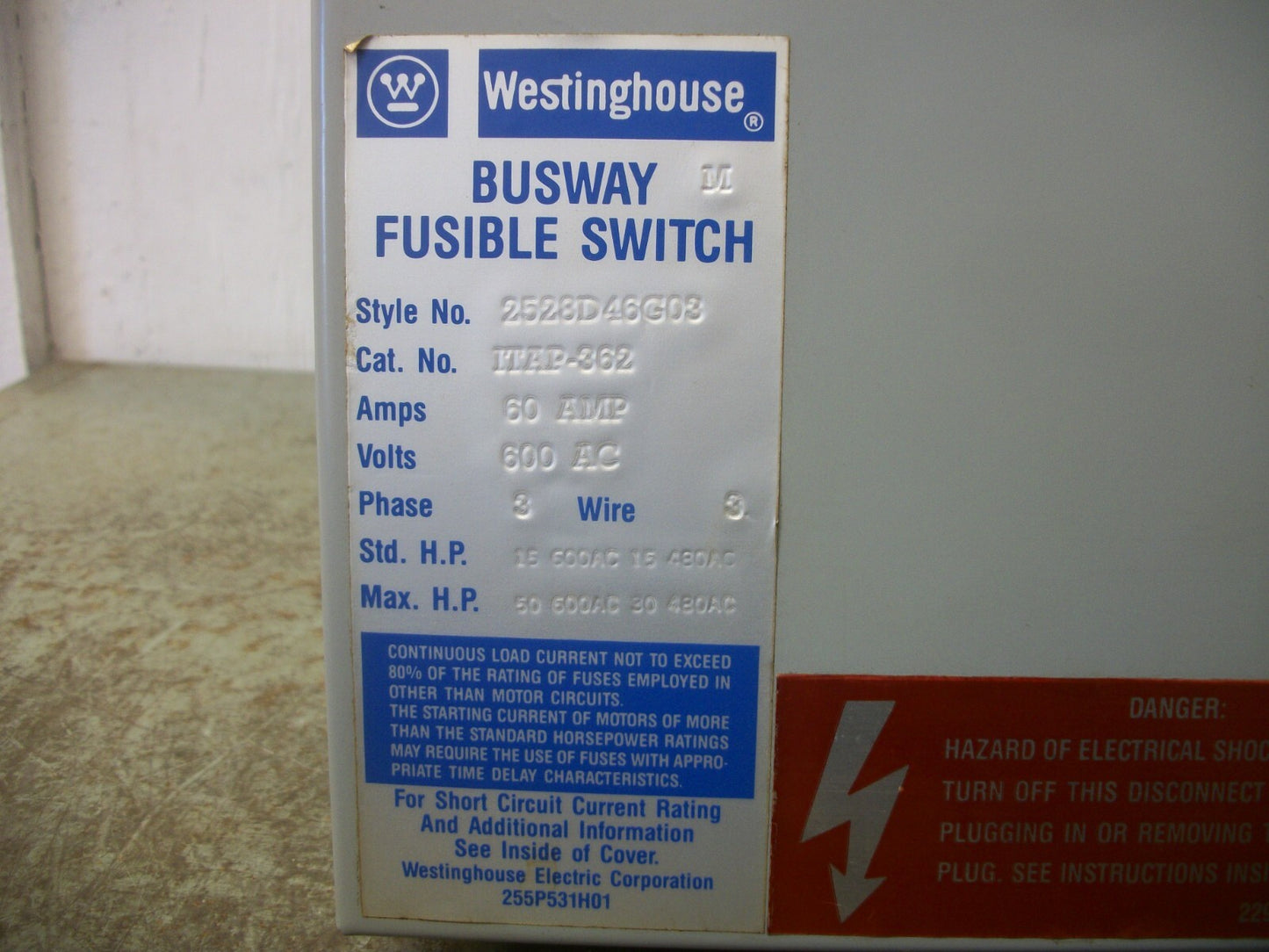 WESTINGHOUSE FUSIBLE BUS PLUG ITAP362 60AMP 600VOLT 3PH 3W