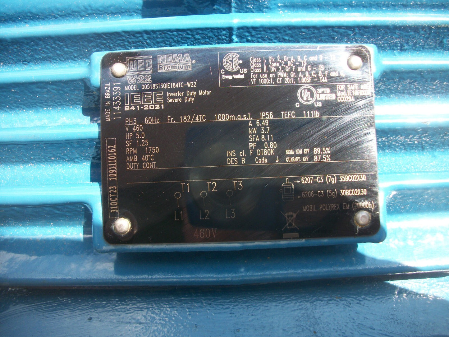 WEG 5HP 182/4TC TEFC AC MOTOR 00518ST3QIE184TC-W22 460VOLT 3PH 1750RPM NOB CRACK