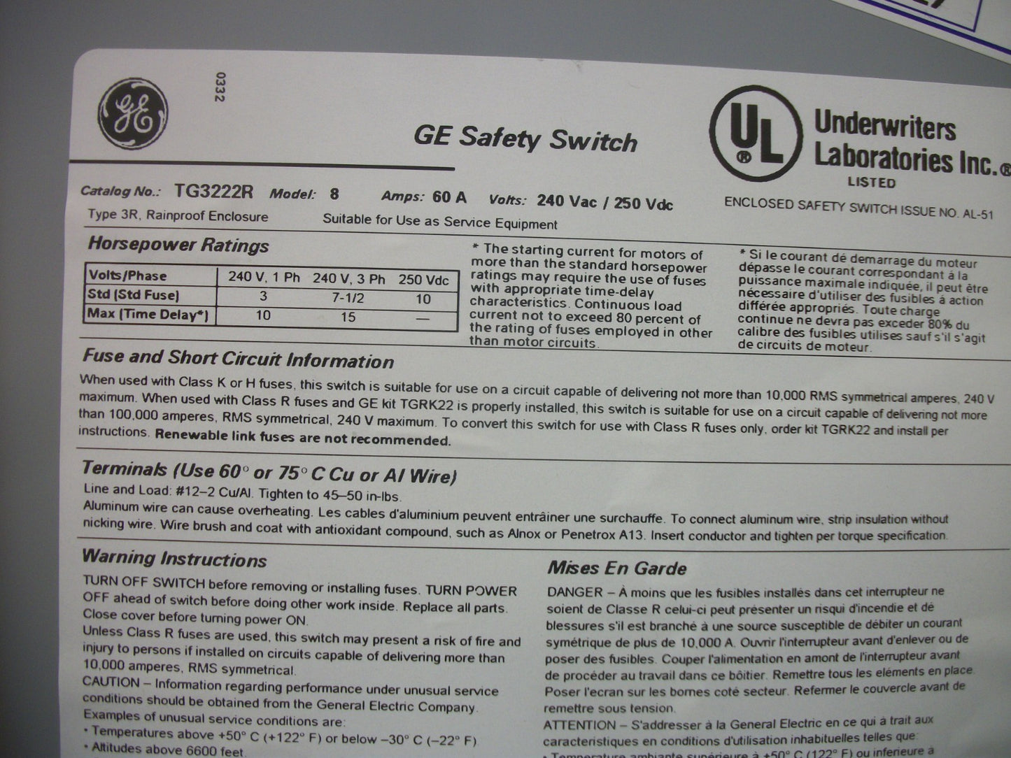 GE DISCONNECT TYPE 3R TG3222R 60AMP 240VOLT 2POLE FUSIBLE NOB
