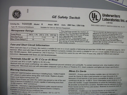 GE DISCONNECT TYPE 3R TG3222R 60AMP 240VOLT 2POLE FUSIBLE NOB