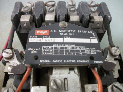 FEDERAL PACIFIC SIZE 1 MOTOR STARTER 4204 AA13 3PH 600V 10HP