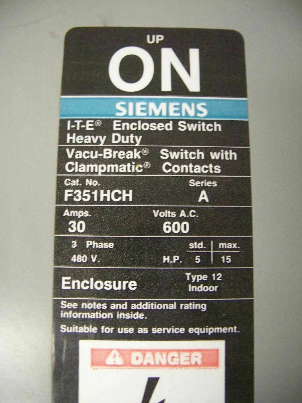 SIEMENS DISCONNECT TYPE 12 F351HCH 30AMP 600VOLT 3POLE FUSIBLE