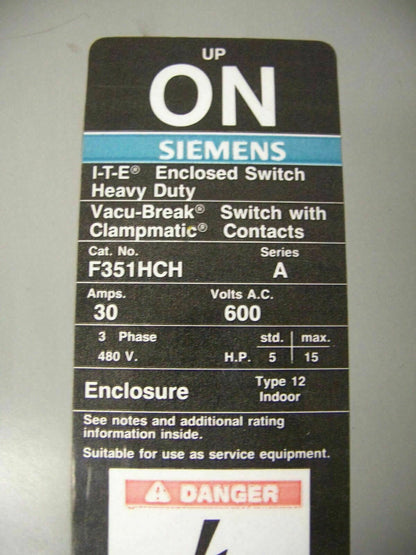 SIEMENS DISCONNECT TYPE 12 F351HCH 30AMP 600VOLT 3POLE FUSIBLE