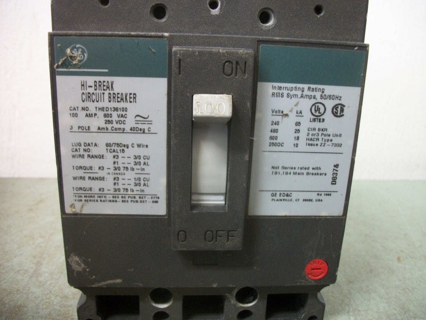 GE THED CIRCUIT BREAKER THED136100 100AMP 600VOLT 3POLE GREEN