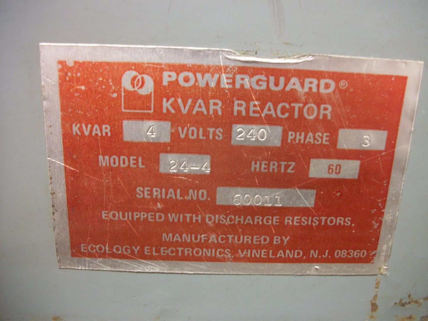 POWERGUARD KVAR REACTOR CAPACITOR 24-4 4KVAR 240VOLT 3PH