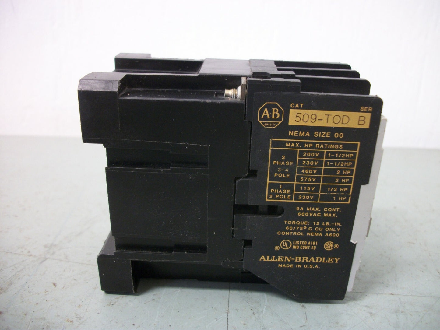 ALLEN-BRADLEY SIZE 00 CONTACTOR 509-TOD 9AMP 120VCOIL 3PH 600V 2HP