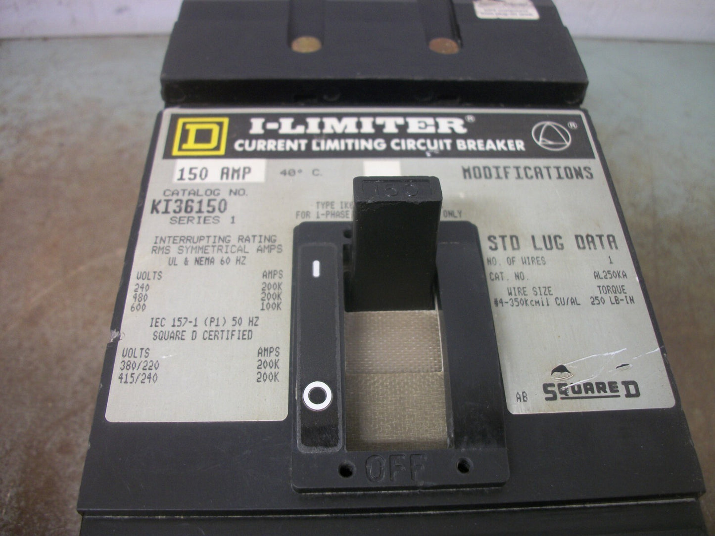 SQUARE D I-LIMITER I-LINE KI CIRCUIT BREAKER KI36150 150AMP 600VOLT 3POLE GRAY