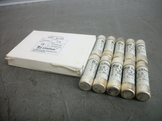 LITTELFUSE BOX OF 10 POWR-GARD CYLINDRICAL FUSES CY14X51G2 2AMP 500VOLT NIB