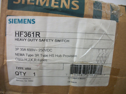 SIEMENS DISCONNECT TYPE 3R HF361R 30AMP 600VOLT 3POLE FUSIBLE NIB