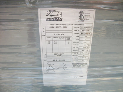 DONGAN 30KVA 3PH 3R TRANSFORMER 73-30-9830SH HV 460/230/208 LV 208Y/120 NEW