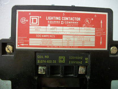 SQUARE D 100AMP LIGHTING CONTACTOR 8903SQG2 120VCOIL 600VOLT