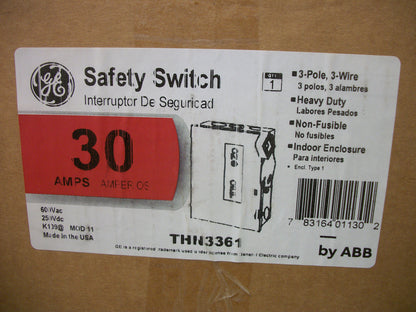 GE DISCONNECT TYPE 1 THN3361 30AMP 600VOLT 3POLE NON-FUSIBLE NIB