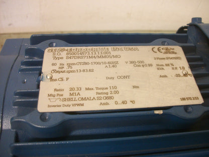 SEW-EURODRIVE .75HP 20.33:1 RATIO WORM GEAR GEARMOTOR S47DRS71M4/MM05/MO NOB