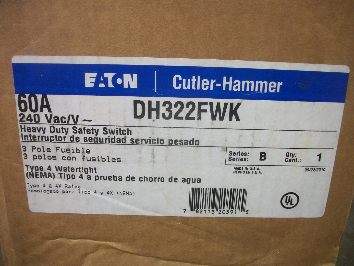 CUTLER-HAMMER DISCONNECT TYPE 4,4X DH322FWK 60AMP 240VOLT 3POLE FUSIBLE NIB