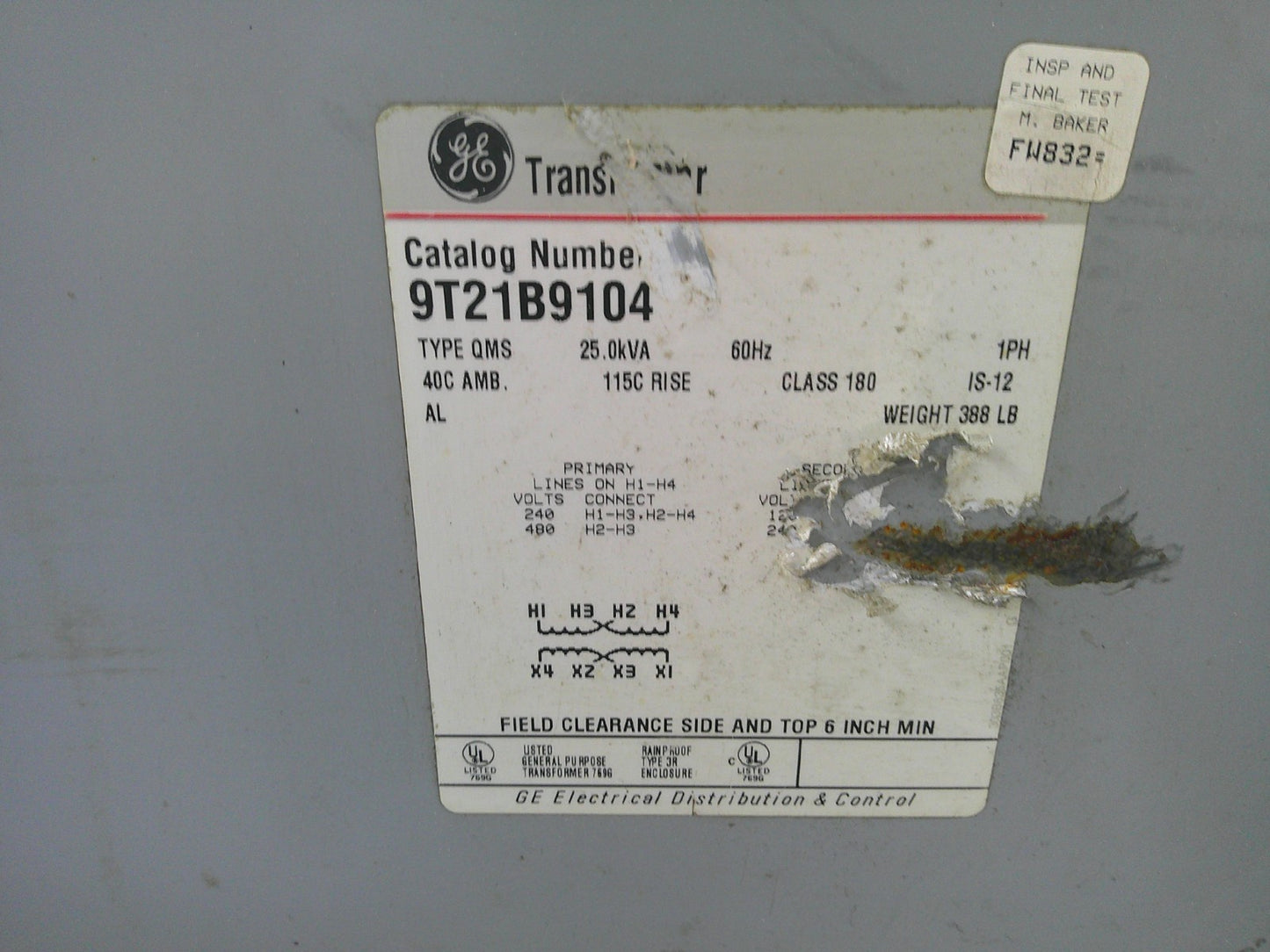 GE 25KVA 1PH TRANSFORMER 9T21B9104 HV 240X480 LV 120/240