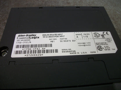 ALLEN-BRADLEY CONTROL LOGIX ANALOG ISOLATED INPUT 10V 6PT MODULE 1756-IF6I/A