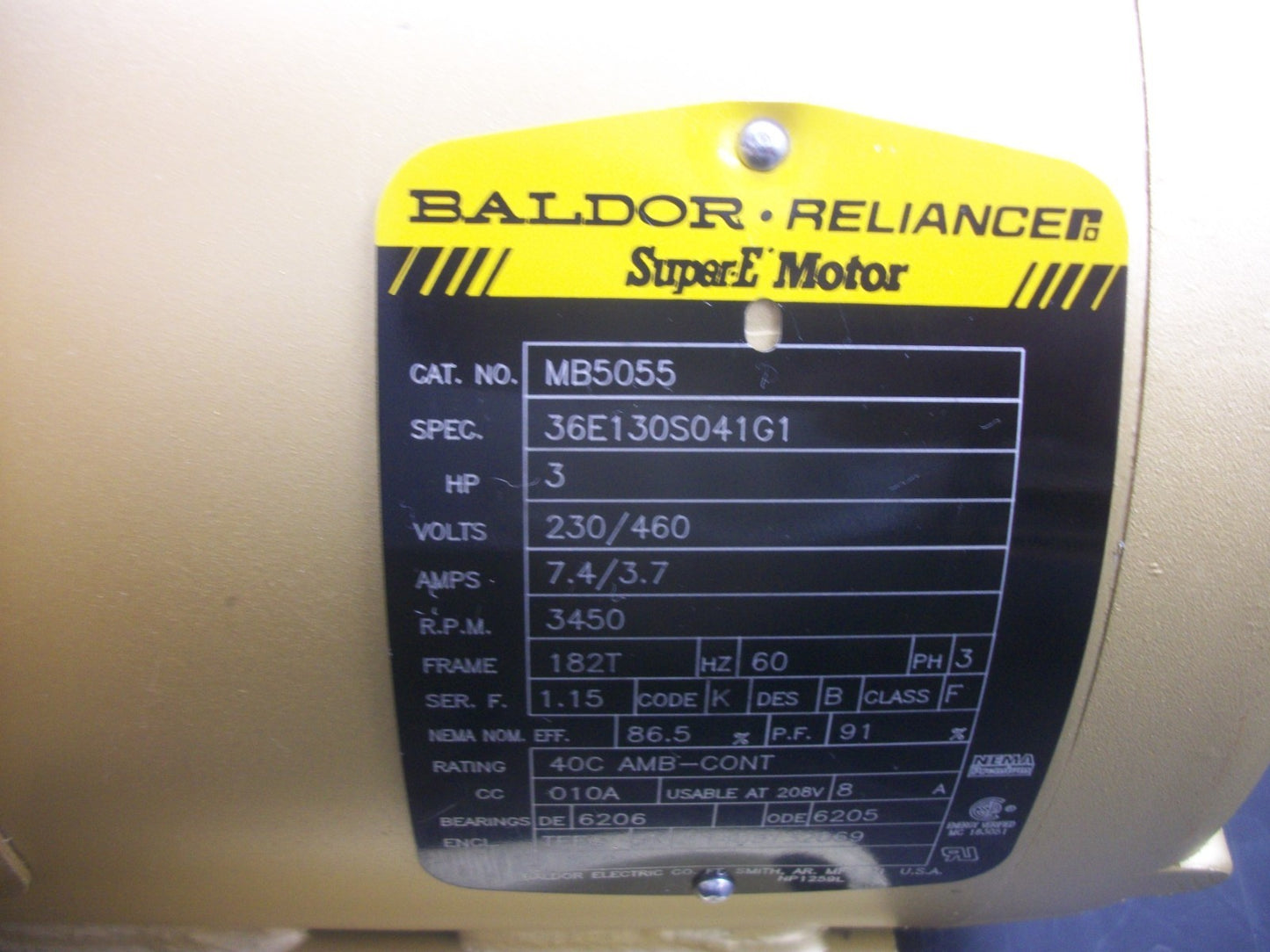 BALDOR 3HP 182T TEFC AC MOTOR MB5055 230/460VOLT 3450RPM 3PH