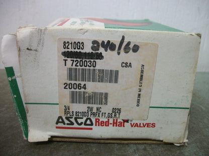 ASCO RED HAT 3/4" SOLENOID VALVE 8210G3 240VCOIL 5-150PSI 6.1WATT NIB