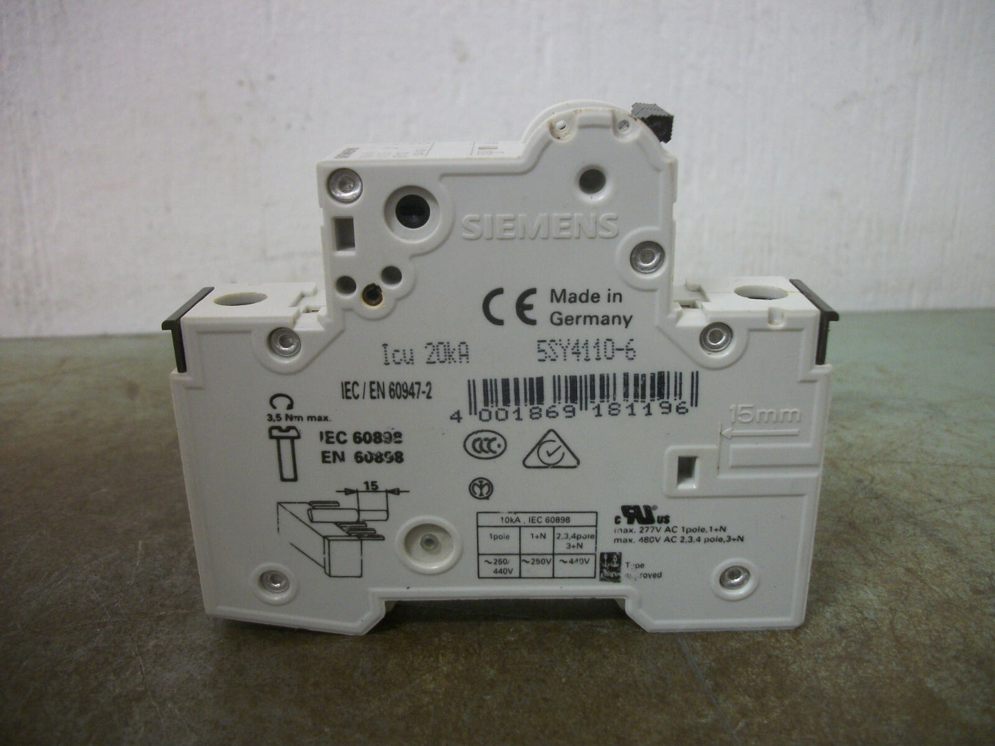 SIEMENS MINI CIRCUIT BREAKER 5SY41MCBB10 5SY4110-6 10AMP 400VOLT 1POLE