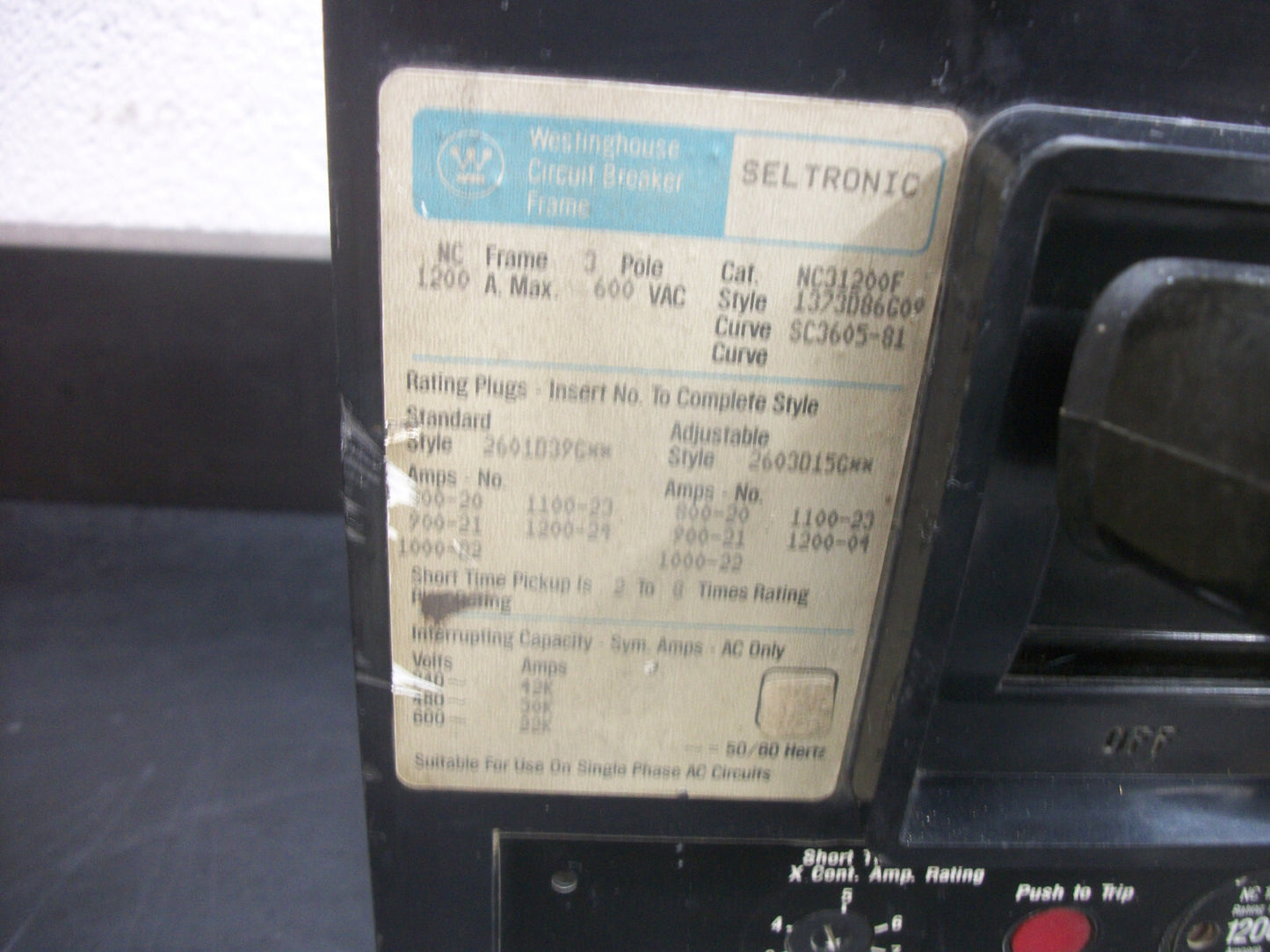 WESTINGHOUSE SELTRONIC NC CIRCUIT BREAKER NC31200F 1200AMP 600VOLT 3POLE W/1200A