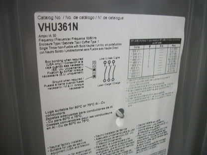 SQUARE D DISCONNECT TYPE 1 VHU361N 30AMP 600VOLT 3POLE FUSIBLE NOB