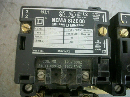 SQUARE D SIZE 00 REV MOTOR STARTER 8736SAG15 120VCOIL 1PH 230V 1HP