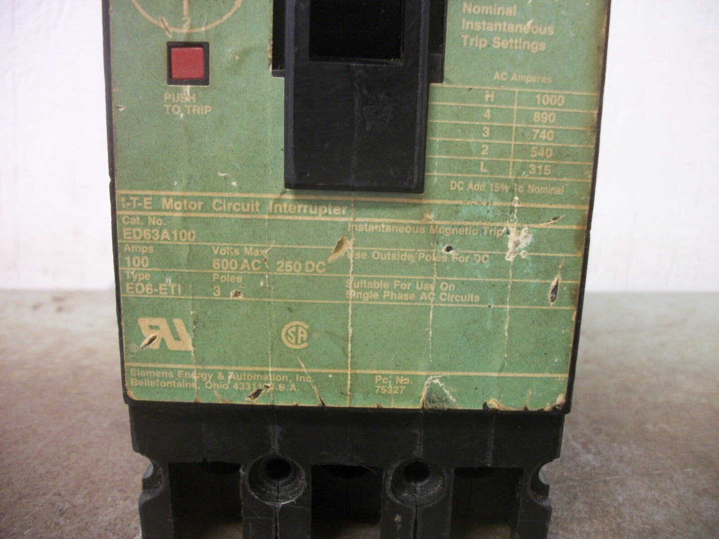 SIEMENS ED6-ETI MOTOR CIRCUIT BREAKER ED63A100 100AMP 600VOLT 3POLE