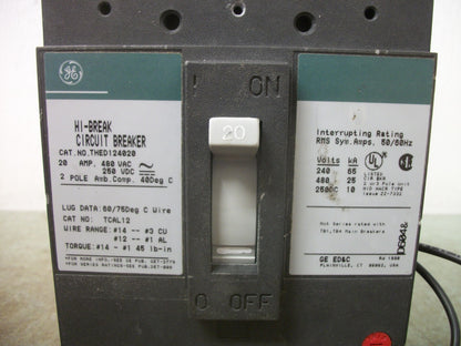 GE THED CIRCUIT BREAKER THED124020 20AMP 480VOLT 3POLE W/SHUNT NOB