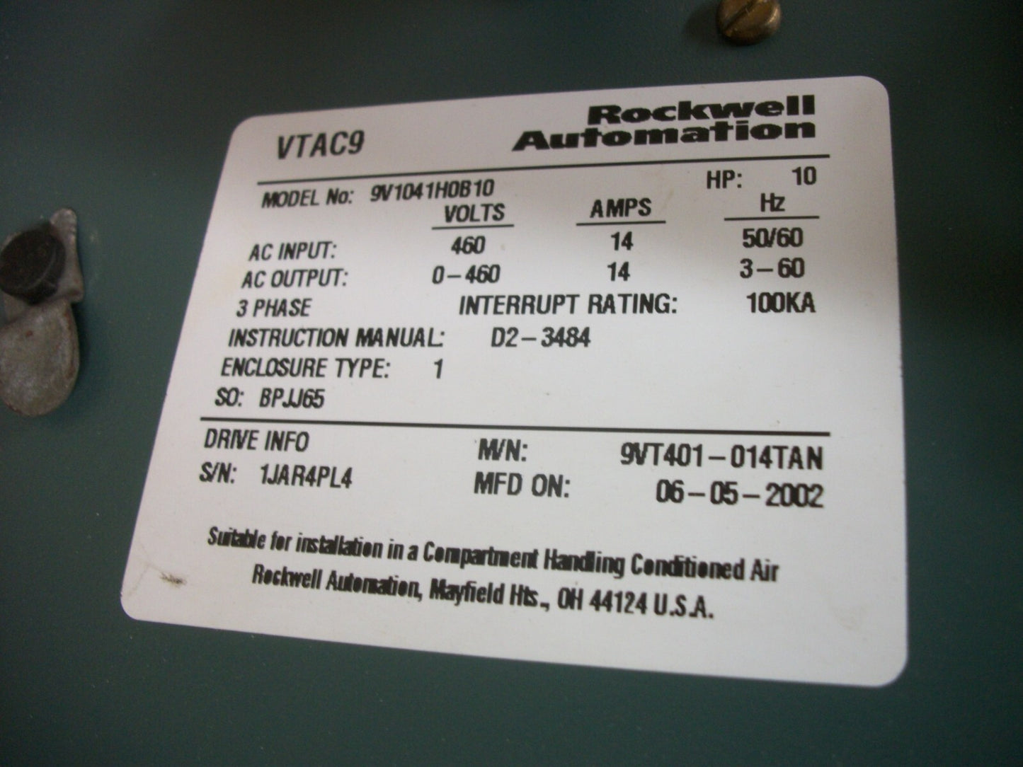 ROCKWELL AUTOMATION 9V1041H0B10 10HP VTAC9 HVAC DRIVE 9VT401-014HTAN 460VOLT 3PH