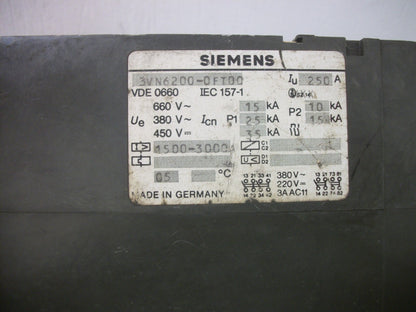 SIEMENS 3VN6 CIRCUIT BREAKER 3VN6200-0FT00 250AMP 660VOLT 3POLE