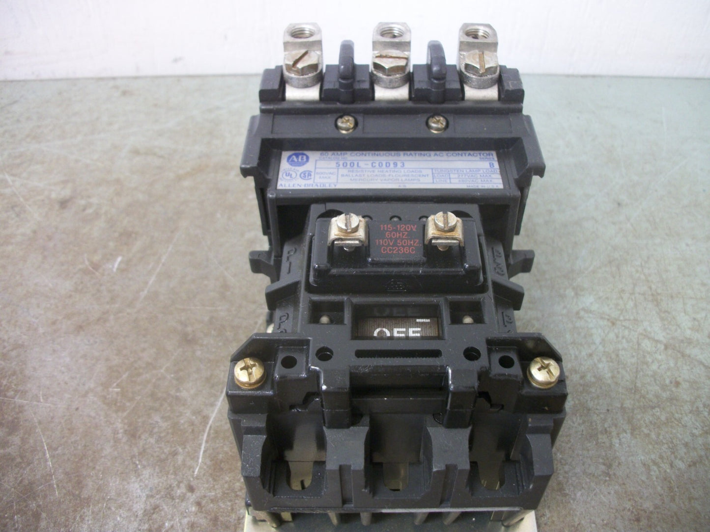 ALLEN-BRADLEY 60AMP 3POLE LIGHTING CONTACTOR 500L-C0D93 120VCOIL