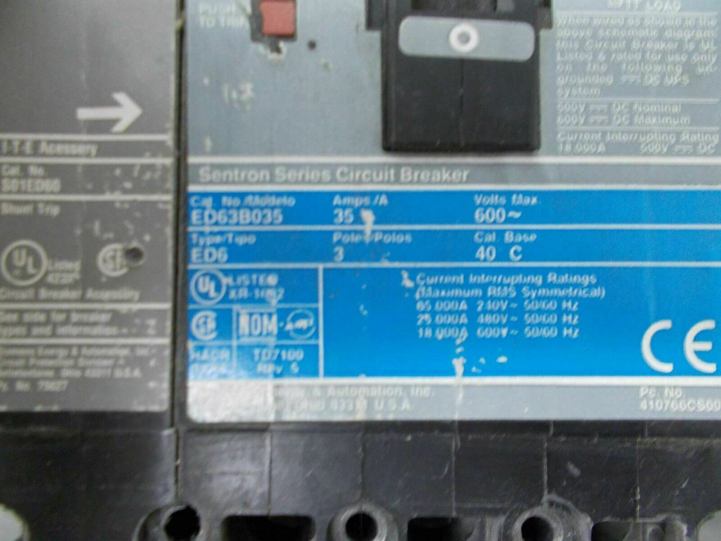 SIEMENS SENTRON ED6 CIRCUIT BREAKER ED63B035 35AMP 600VOLT 3POLE W/SHUNT