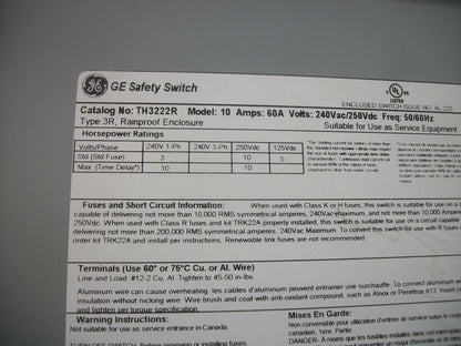 GE DISCONNECT TYPE 3R TH3222R 60AMP 240VOLT 2POLE FUSIBLE