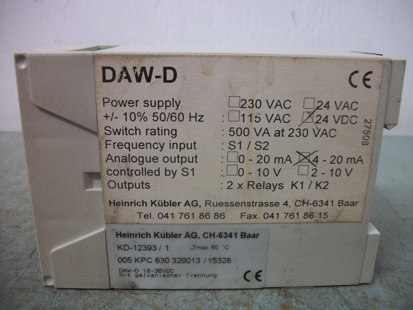 HEINRICH KUBLER DAW-D POWER SUPPLY 005 KPC 630 320013 / 15328 24VDC 4-20mA
