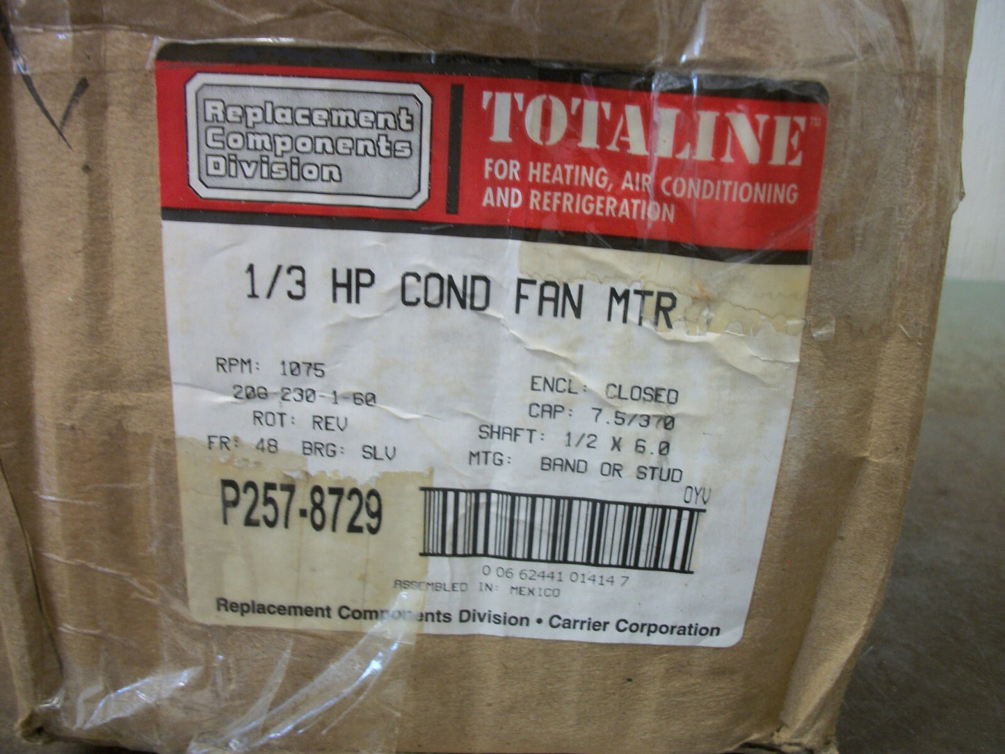 CARRIER TOTALINE 1/3HP CONDENSER FAN MOTOR P257-8729 230VOLT 1075RPM NIB