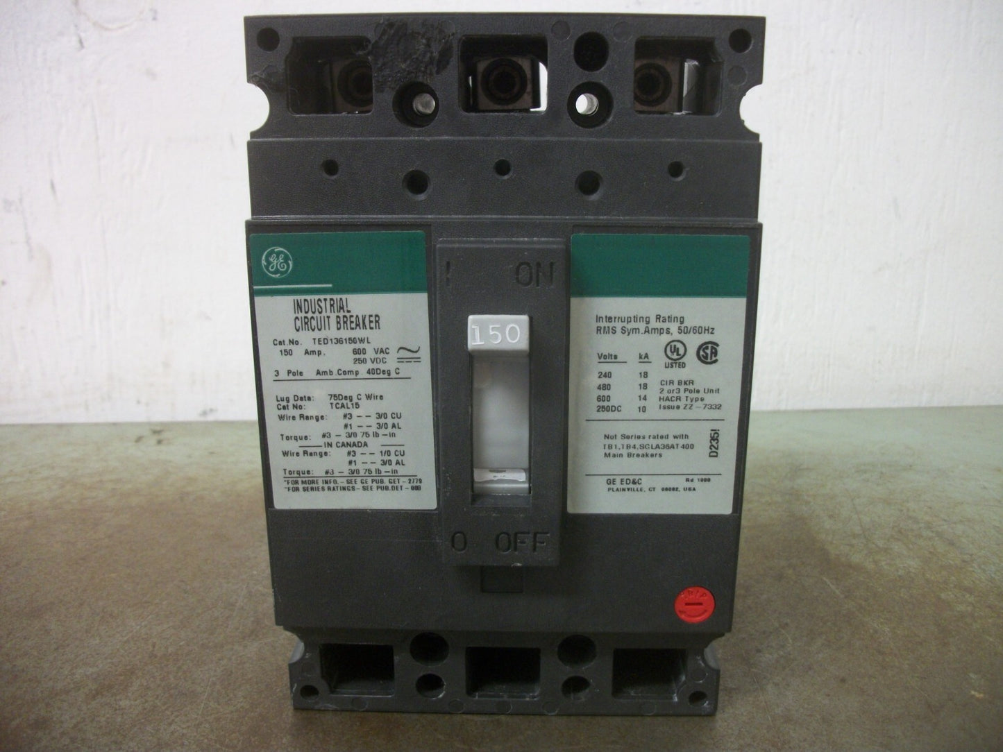 GE TED CIRCUIT BREAKER TED136150WL 150AMP 600VOLT 3POLE GREEN