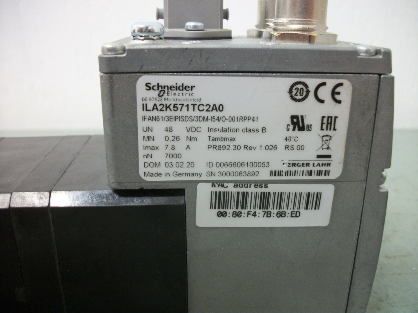 SQUARE D INTEGRATED ETHERNET/IP SERVO MOTOR ILA2K571TC2A0 48VDC 0.26Nm 7.8A NOB