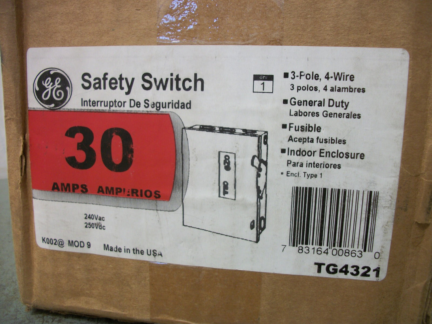 GE DISCONNECT TYPE 1 TG4321 30AMP 240VOLT 3POLE FUSIBLE NIB