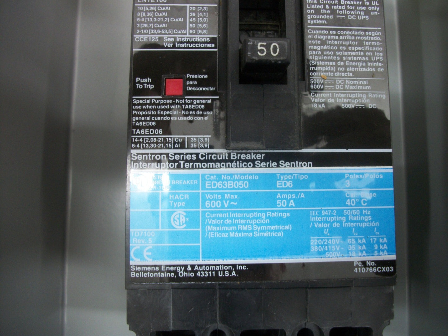 SIEMENS SENTRON ED63B050 ENCL CIRCUIT BREAKER E1SED63B050 50AMP 600VOLT 3P NIB