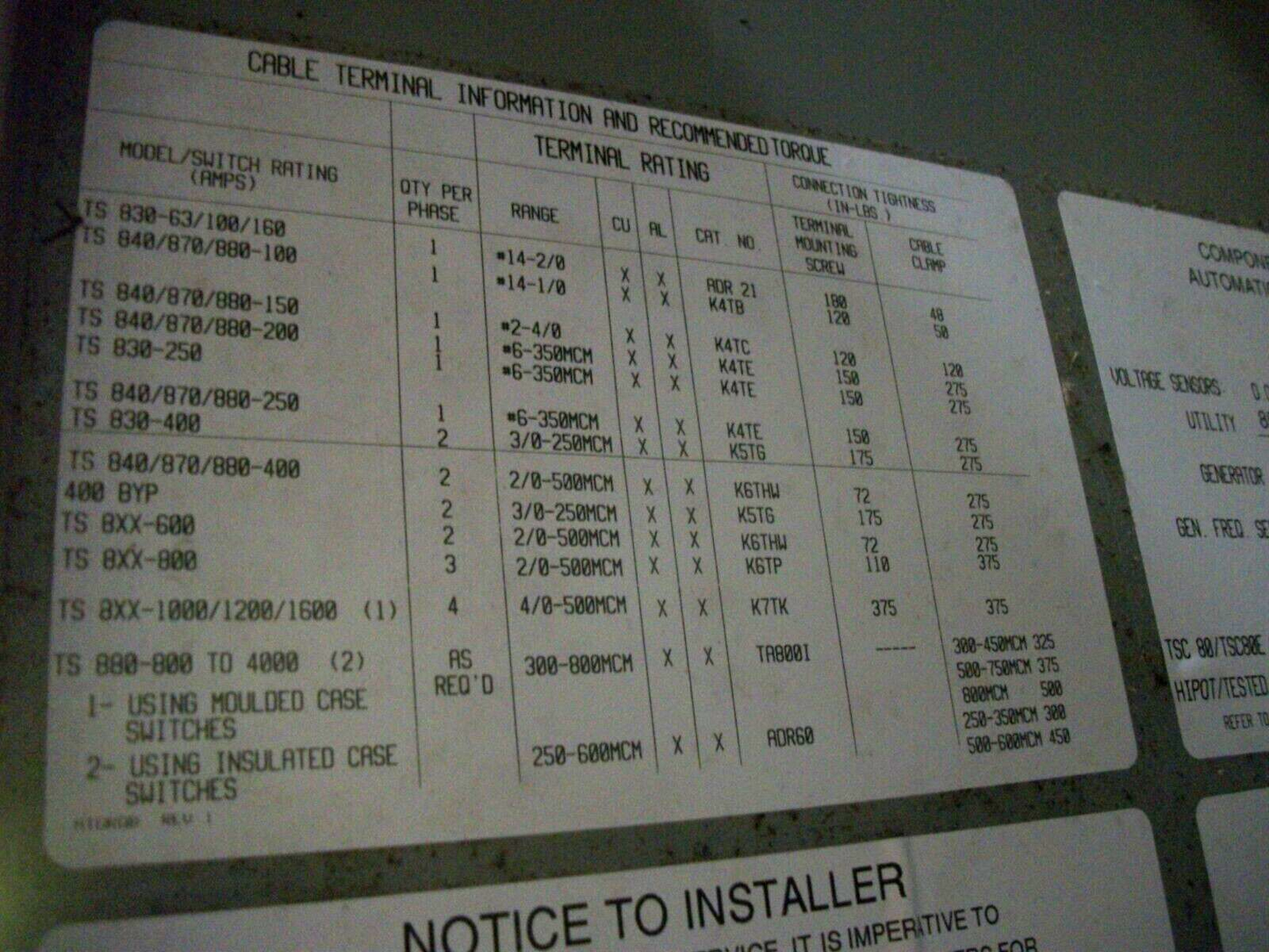 THOMSON AUTOMATIC TRANSFER SWITCH TS873A0400A1AE3AKKAA 400AMP 600VOLT 3PH